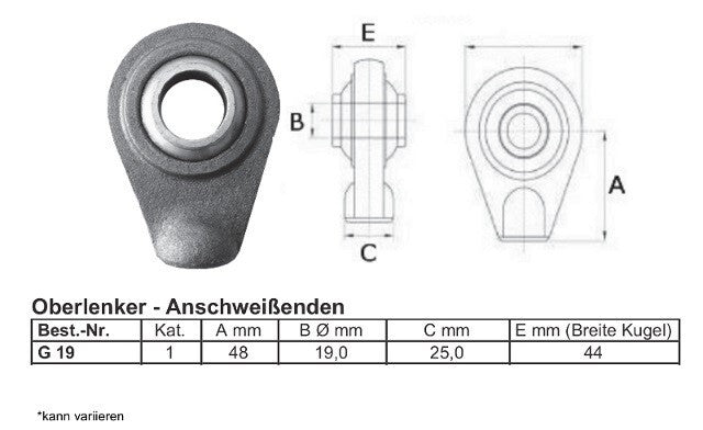 Anschweißenden Oberlenker Kugelgelenk Kat.1 Anschweißaugen 19mm Kat 1