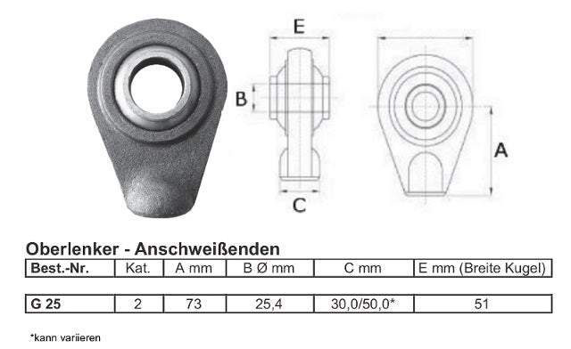 2x Anschweißendes Oberlenker-Kugelgelenk Kat. 2 – Anschweißauge 25,4 mm Anschweißenden